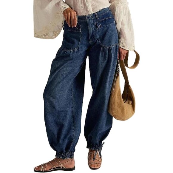 Women's Wide Leg Denim Pants Mid Rise Baggy Drawstring Ankle Casual Wear - Picture 1 of 5